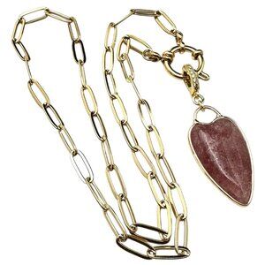 Pink Strawberry Quartz Heart Pendant 18K Yellow Gold Plated Layering Necklace